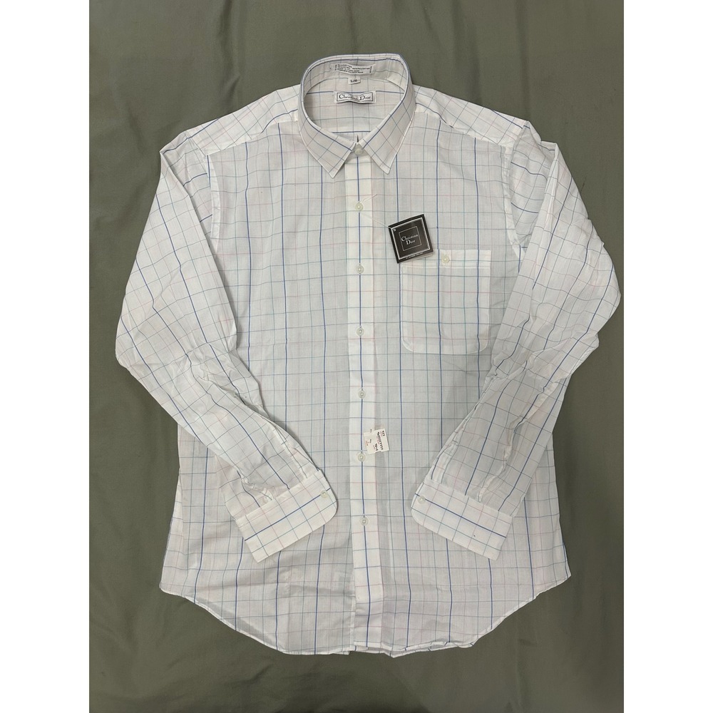 Christian Dior Mens Vintage White Blue Red Graph Check Button Down Shirt L NWT